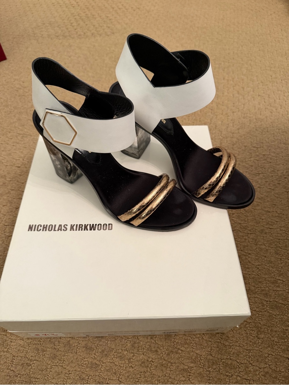 Nicholas Kirkwood White and Gold Block Heel Sandals with Marble Accent